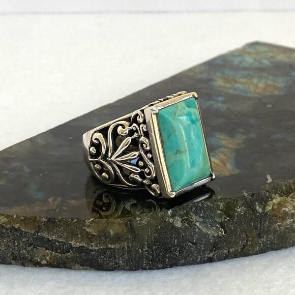 BARSE Sterling Silver 925 Heavy Chunky Scrollwork Turquoise Cabochon Ring Sz 8.5 - Picture 1 of 16